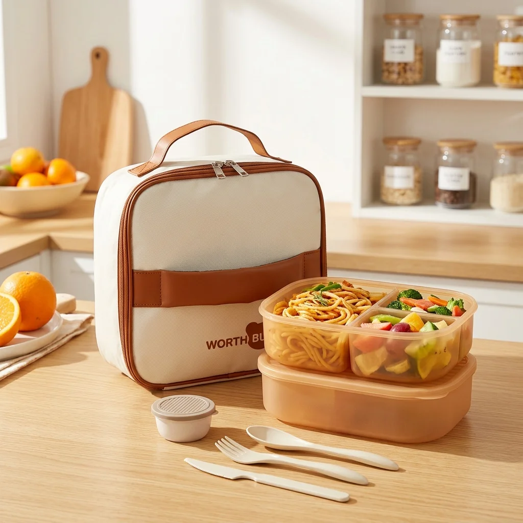 Food Storage With Dividers - 取り外し可能なプラスチック製弁当箱。電子レンジ対応。仕切り付きで、3つの区画に分けて食品を収納できる。お子様や大人の学校でのランチに最適。