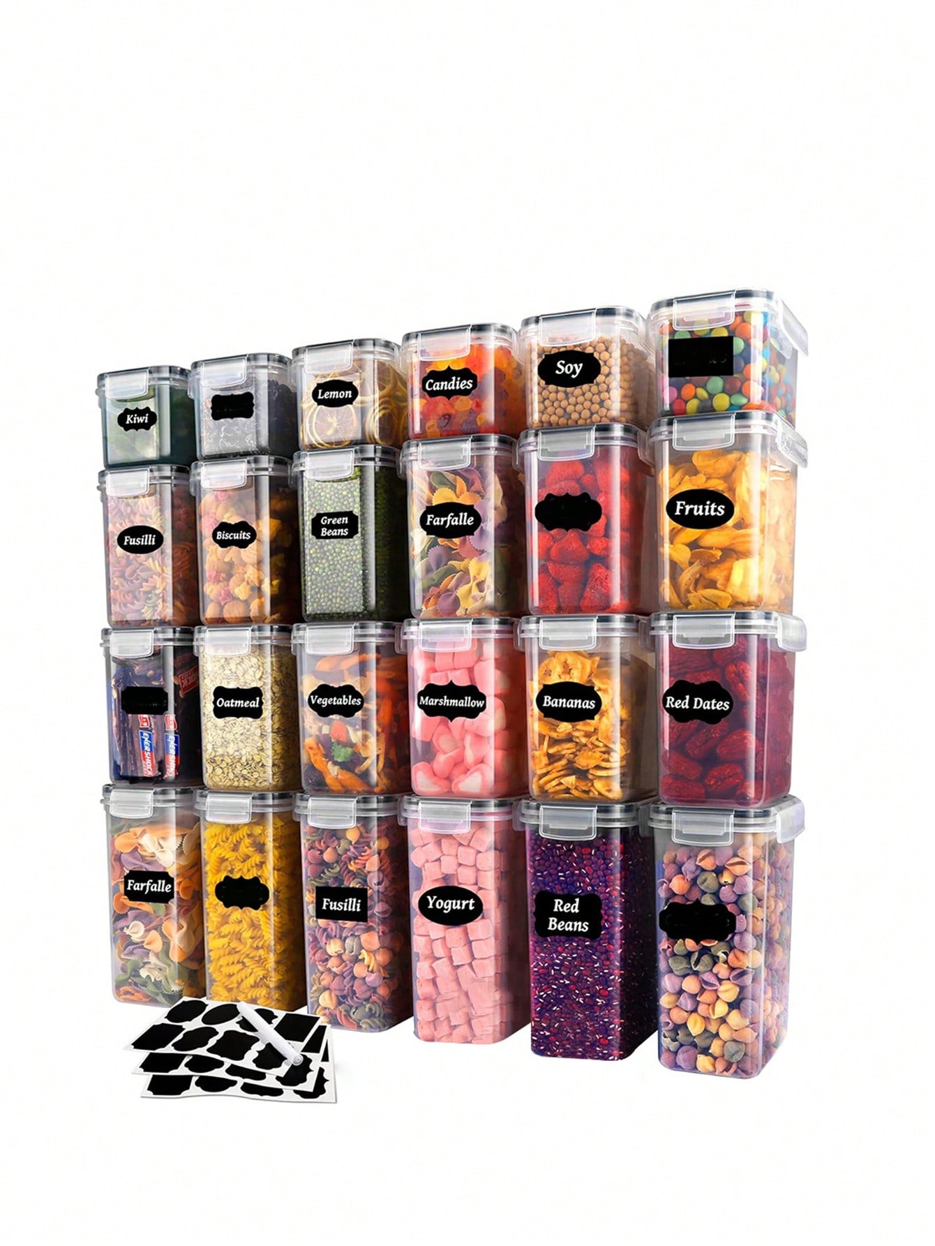 Food Storage Labels - 蓋付きの密閉式食品保存容器48個入り - キッチンのパントリーで、穀物、米、パスタ、お茶、ナッツ、コーヒー豆などを整理・保存するのに最適なランチボックス - 洗剤を使って食器洗い機で洗うことも可能。ラベルやマーカーも付属。