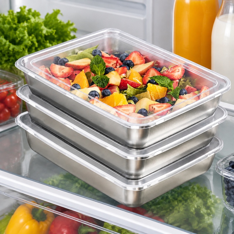 Food Storage Meals - 透明な蓋が付いた3点セットのステンレス製食品保存容器。キッチンや屋外での使用に最適で、液漏れしにくい設計。