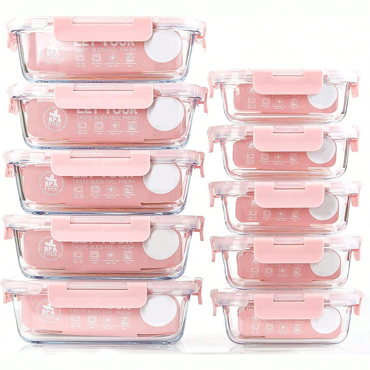 Food Storage Oven Safe - 10個入りガラス製ミールプレップ容器、蓋付き食品保存容器、気密ガラスランチボックス、電子レンジ、オーブン、冷凍庫、食洗機対応