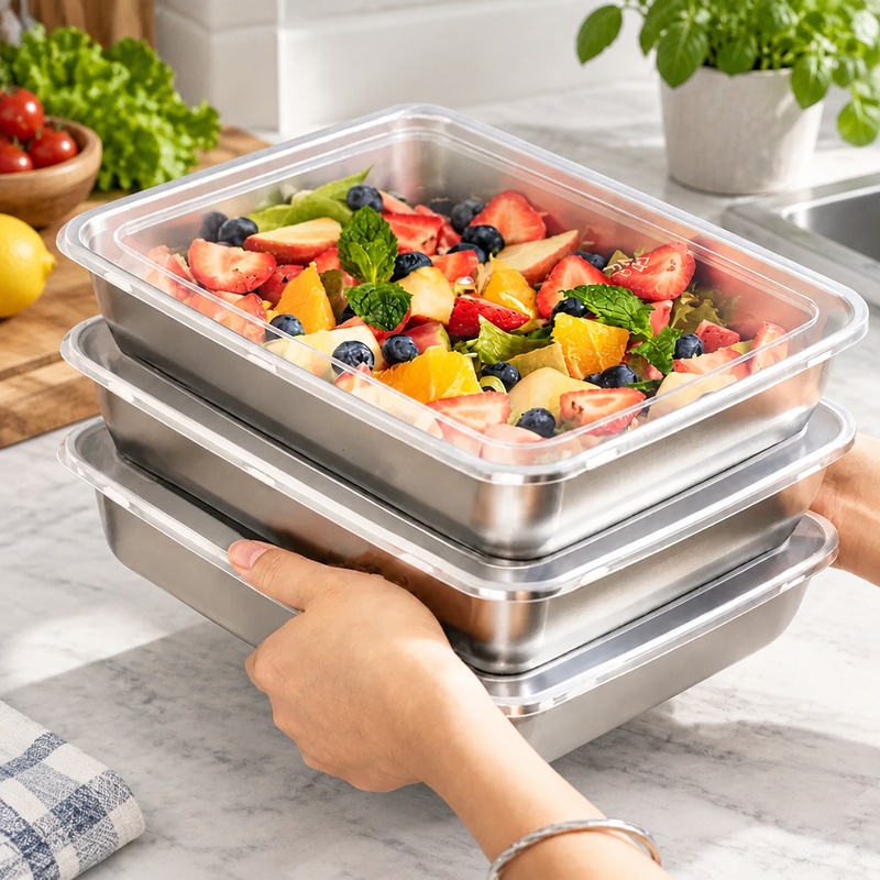 Food Storage Meals - 透明な蓋が付いた、3点セットのステンレス製食品保存容器。キッチンやアウトドアでのキャンプに最適な、液漏れ防止設計。