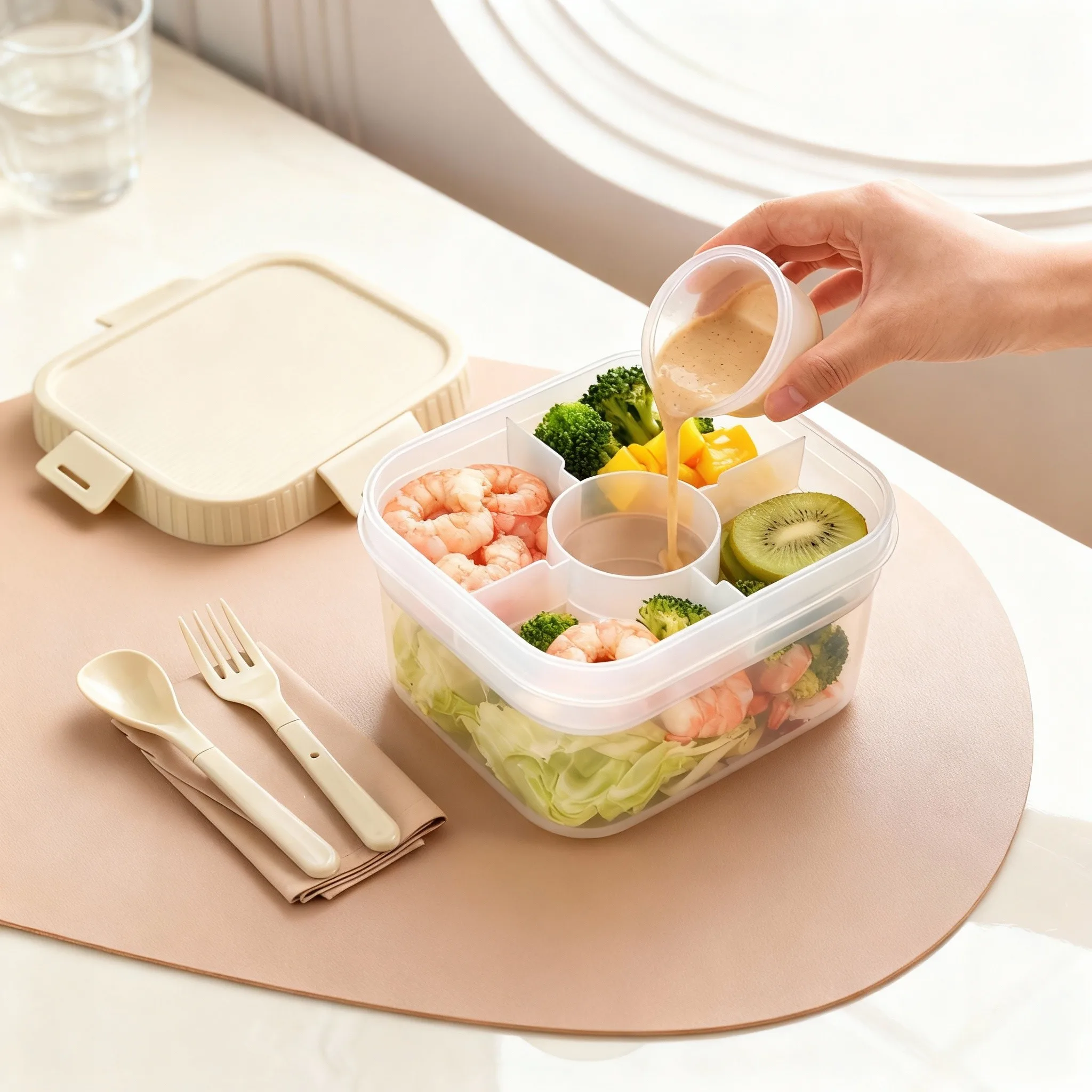 Food Storage Oven Safe - 持ち運び可能な二重構造のプラスチック製ランチボックス。ソース入れとカトラリー付き。大容量で、フルーツサラダや食品の保存に最適。電子レンジ対応。