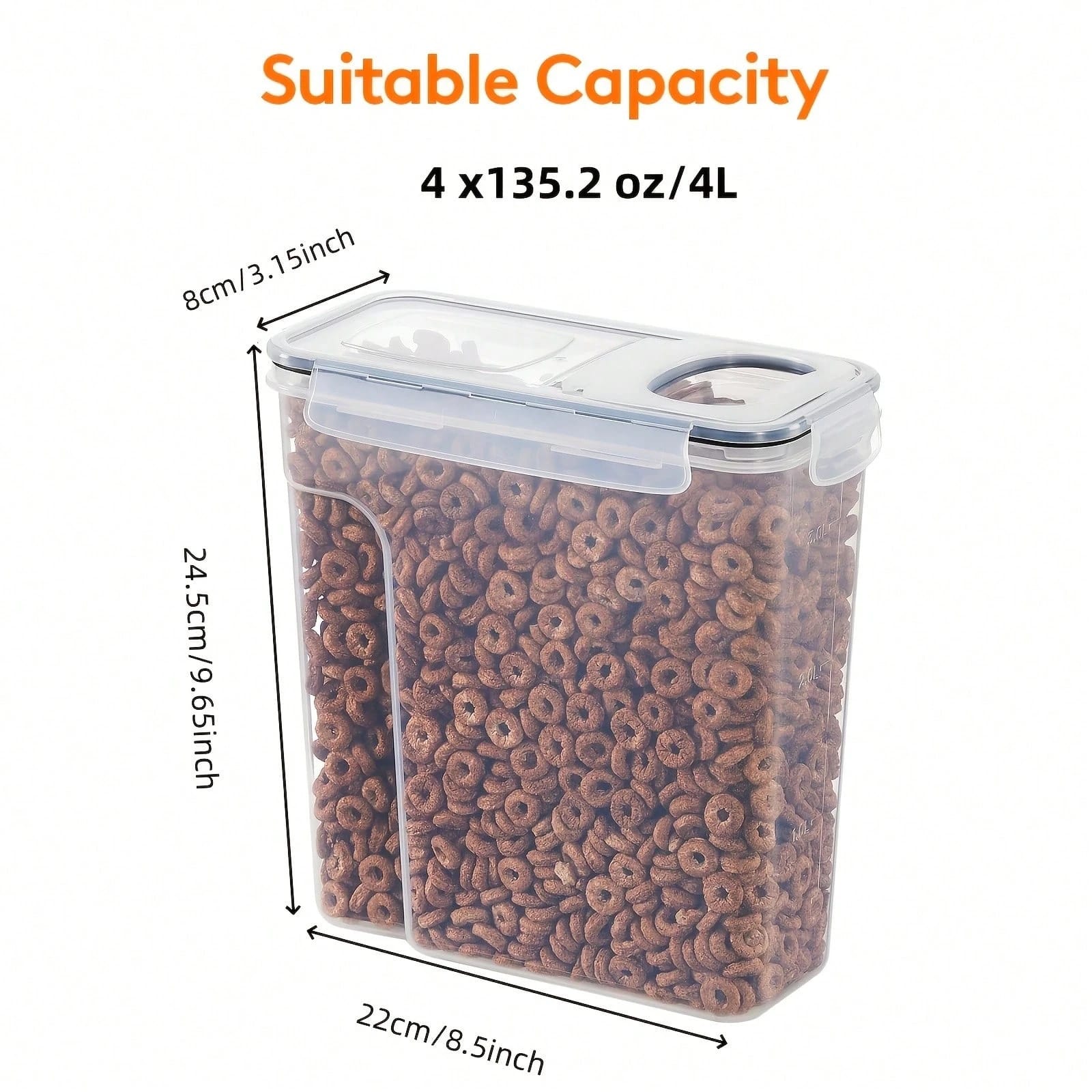 Food Storage Labels - 密閉式の食品保存容器（蓋付き）、4個入り。シリアル、乾燥食品、小麦粉、砂糖などの保存に便利なプラスチック製のキッチン収納容器。8枚のラベル付き、ブラック。 SH260505175140436702897