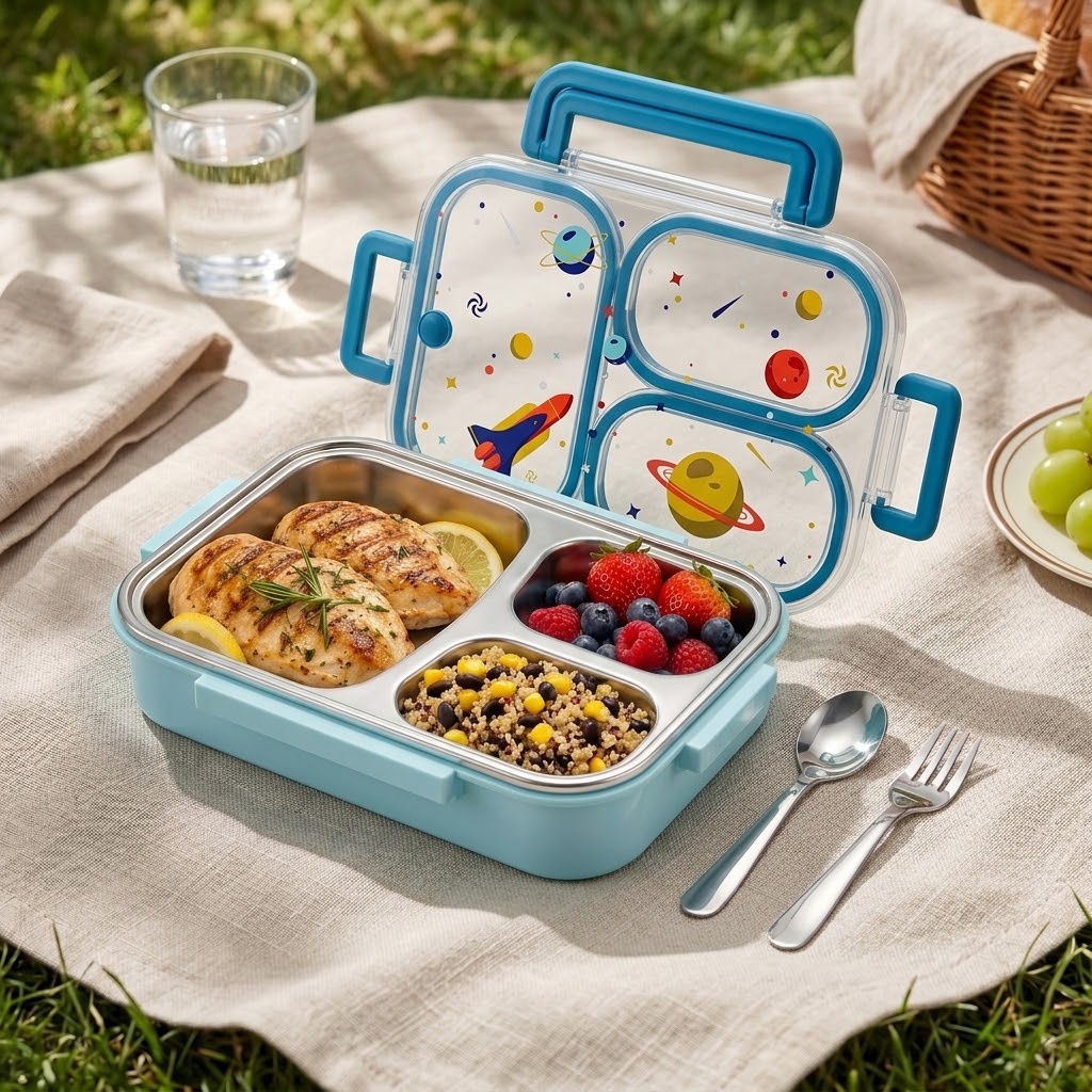 Food Storage Oven Safe - 900MLのかわいい304ステンレス製仕切り付き弁当箱、子供用、電子レンジ対応、携帯用、漏れ防止、ハンドル付き食品容器