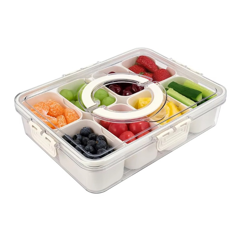 Food Storage With Dividers - キッチン用プラスチック製PET素材の仕切り付きトレイボックス。8つの区画に分かれており、蓋と取っ手が付いているので、持ち運びにも便利。お菓子や果物、食品の保存に最適。