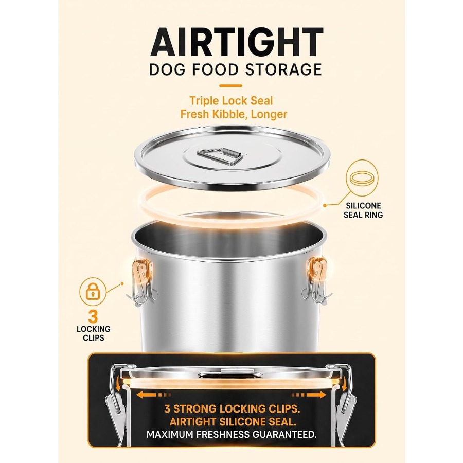 35ポンド対応、密閉式ステンレス製ドッグフード保存容器 - Food Storage Containers のレビューと価格