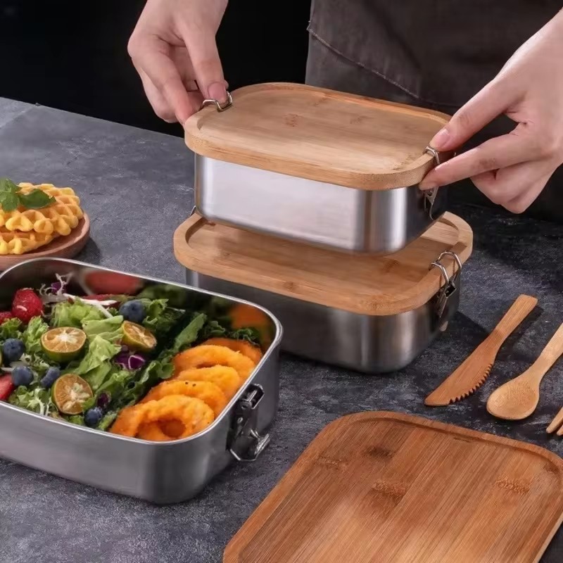 耐久性に優れた304ステンレス製ランチボックス。竹製の蓋付き - Food Storage Meals のレビューと価格