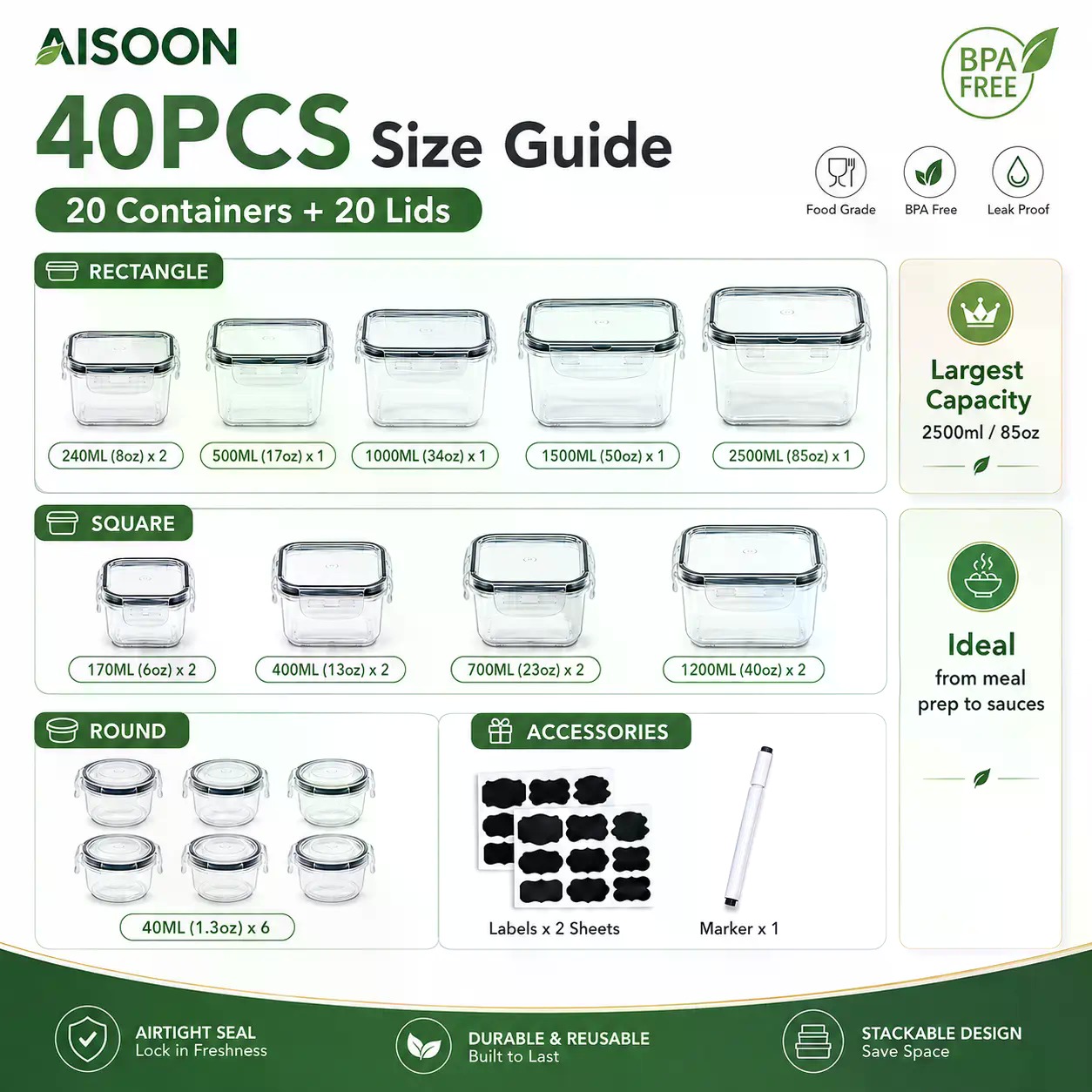 40個入り特大85オンスシリコン製密閉食品保存容器セット（容 - Food Storage Labels のレビューと価格