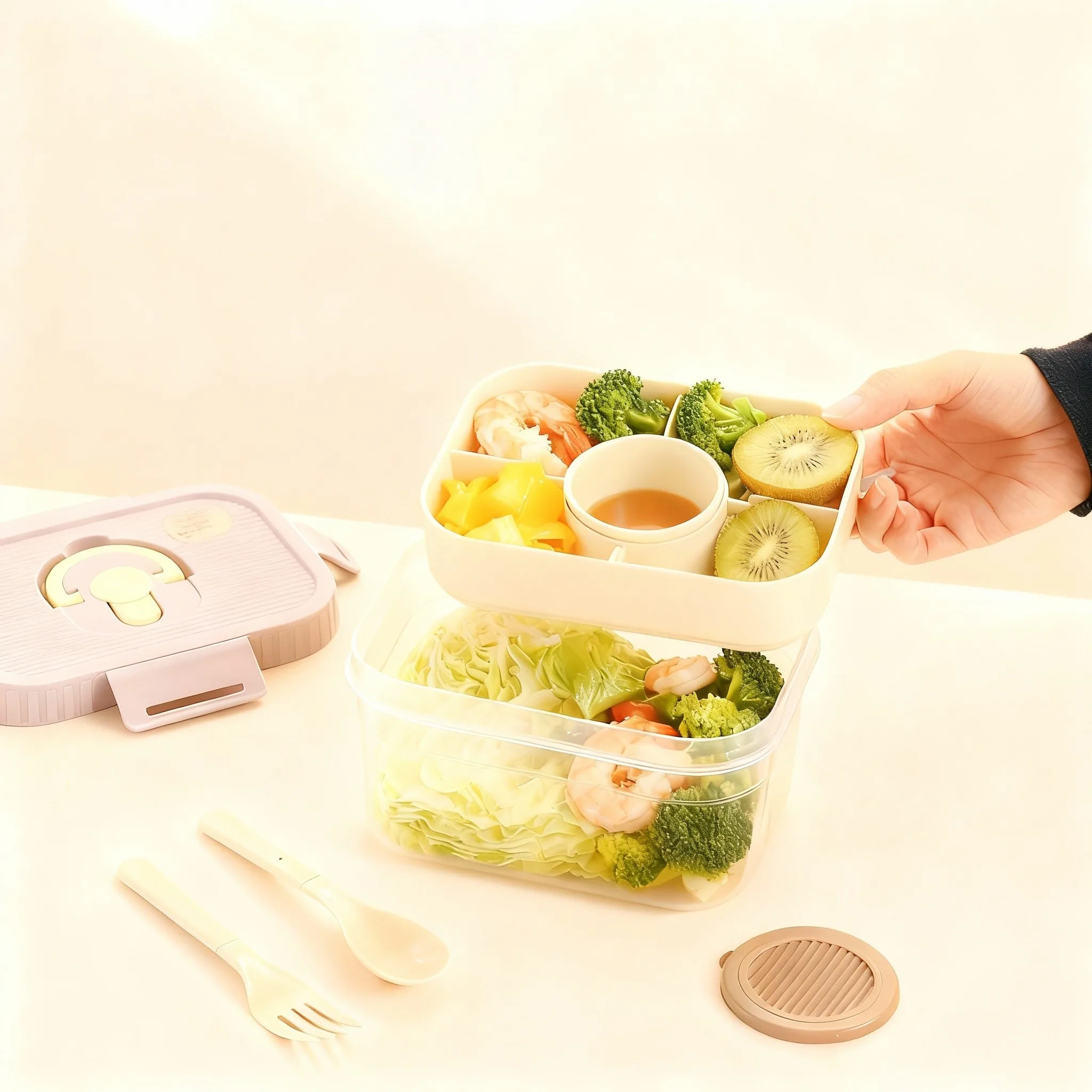 持ち運び可能な二重構造のプラスチック製ランチボックス。ソース - Food Storage Oven Safe のレビューと価格