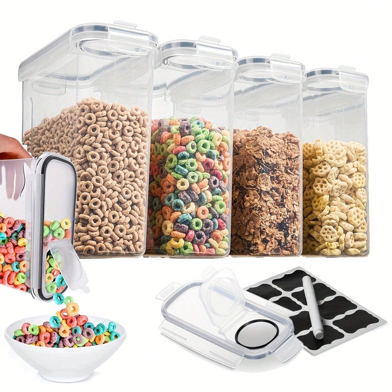 密閉式の食品保存容器（蓋付き）、4個入り。シリアル、乾燥食品 - Food Storage Labels のレビューと価格